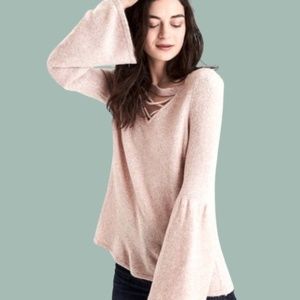 American Eagle  Ecru Cage Criss Cross Neck Bell Sleeve Womens Sweater